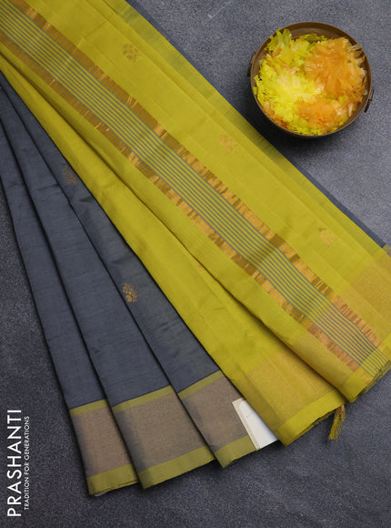 Semi silk cotton saree grey and lime green with zari woven buttas and zari woven border