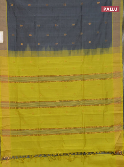 Semi silk cotton saree grey and lime green with zari woven buttas and zari woven border