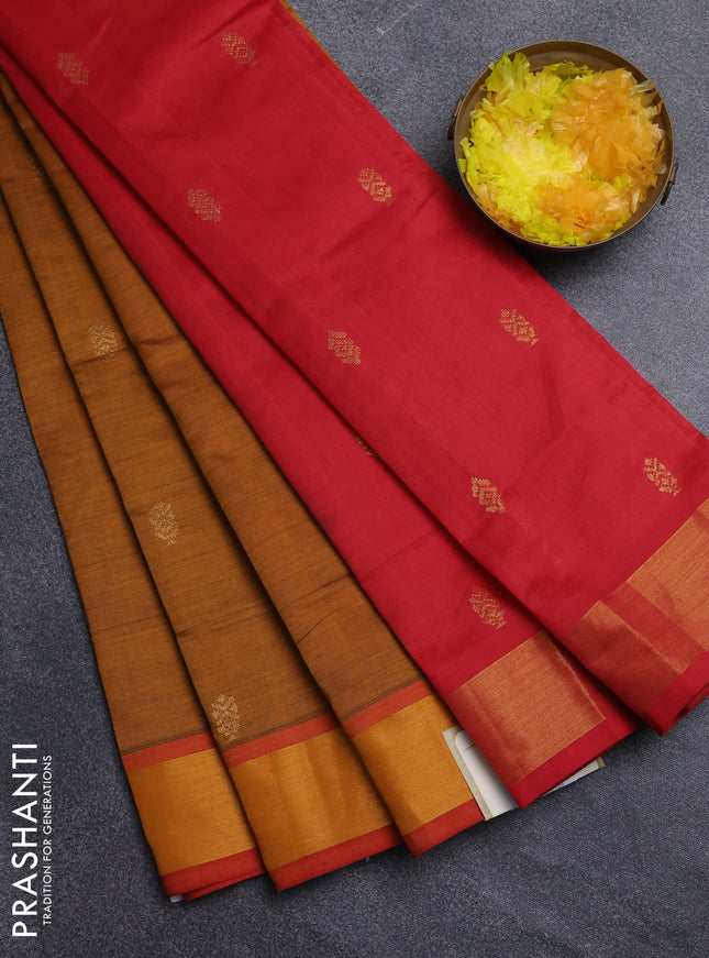 Semi silk cotton saree dark mustard and red with zari woven buttas and zari woven border