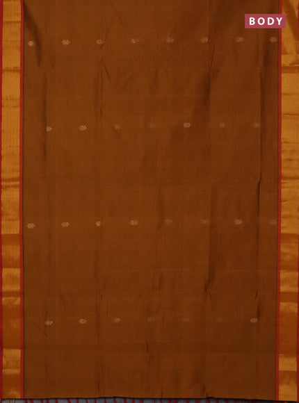 Semi silk cotton saree dark mustard and red with zari woven buttas and zari woven border