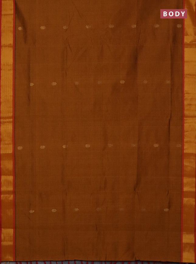 Semi silk cotton saree dark mustard and red with zari woven buttas and zari woven border