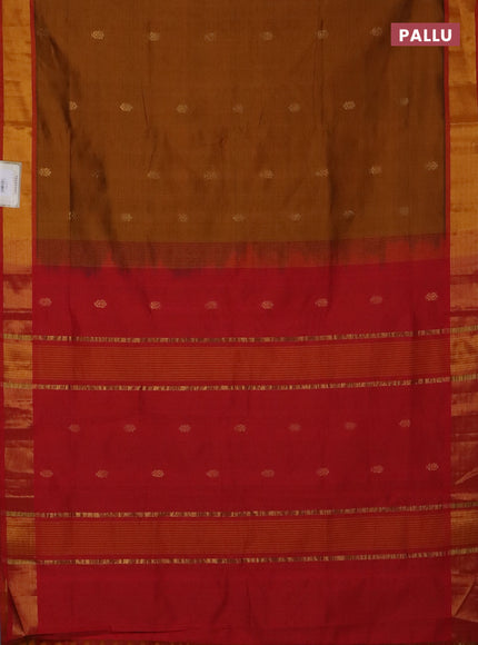 Semi silk cotton saree dark mustard and red with zari woven buttas and zari woven border