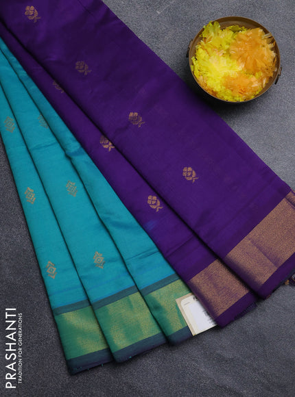 Semi silk cotton saree teal green and violet with zari woven buttas and zari woven border