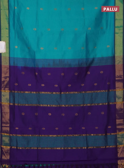 Semi silk cotton saree teal green and violet with zari woven buttas and zari woven border