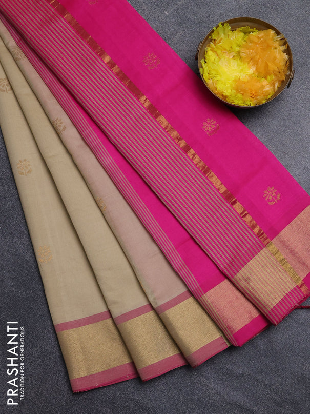 Semi silk cotton saree beige and pink with zari woven buttas and zari woven border