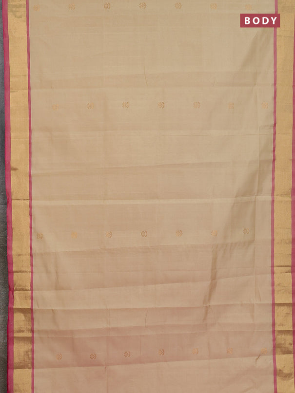 Semi silk cotton saree beige and pink with zari woven buttas and zari woven border