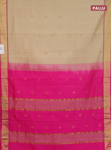 Semi silk cotton saree beige and pink with zari woven buttas and zari woven border