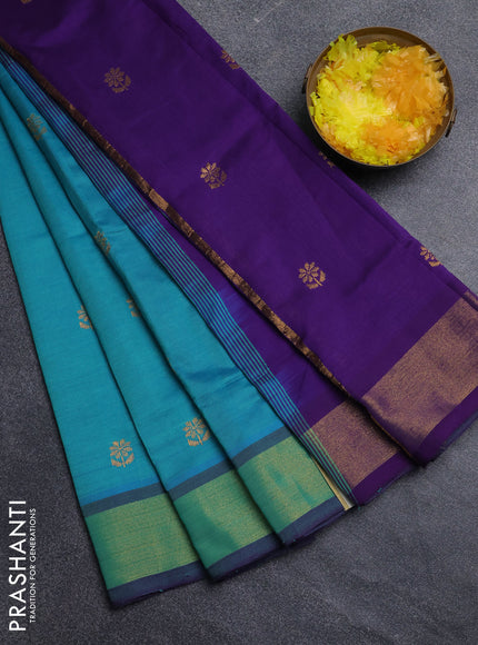 Semi silk cotton saree teal blue and violet with zari woven buttas and zari woven border