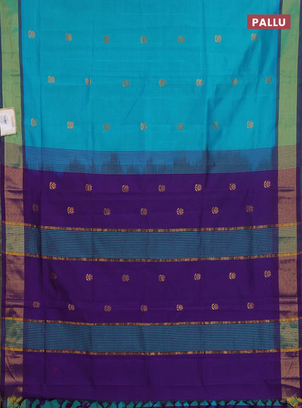 Semi silk cotton saree teal blue and violet with zari woven buttas and zari woven border