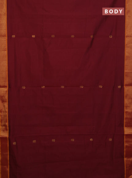 Semi silk cotton saree dark maroon and dark mustard with allover zari woven buttas and zari woven border