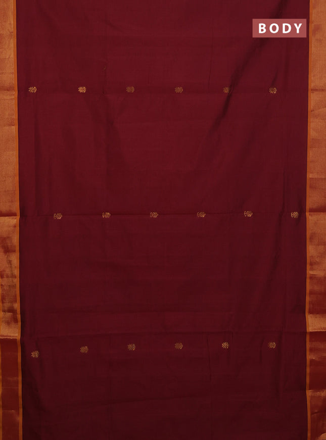 Semi silk cotton saree dark maroon and dark mustard with allover zari woven buttas and zari woven border