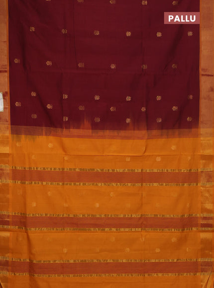 Semi silk cotton saree dark maroon and dark mustard with allover zari woven buttas and zari woven border
