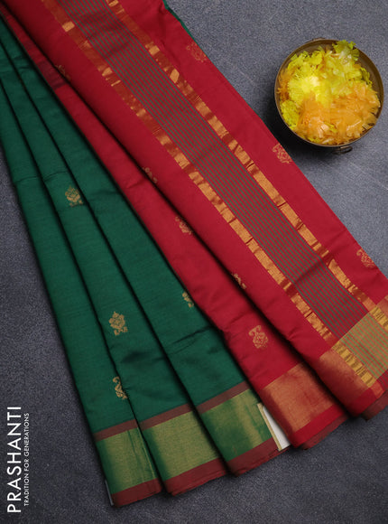Semi silk cotton saree green and maroon with allover zari woven buttas and zari woven border
