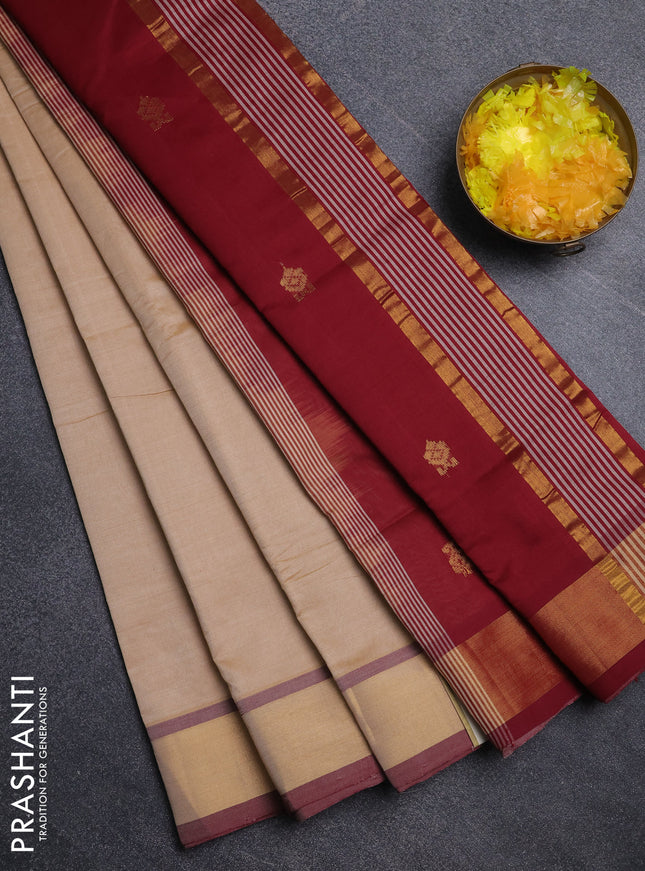 Semi silk cotton saree sandal and maroon with allover zari woven buttas and zari woven border