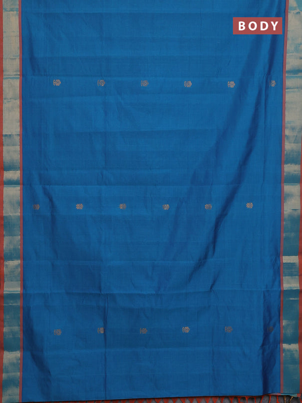Semi silk cotton saree peacock blue and orange with allover zari woven buttas and zari woven border