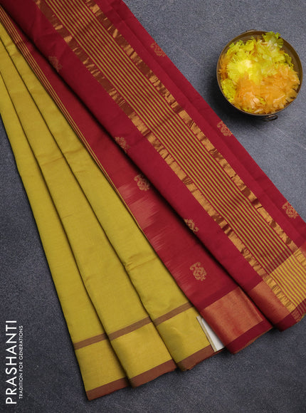 Semi silk cotton saree mustard yellow and maroon with allover zari woven buttas and zari woven border