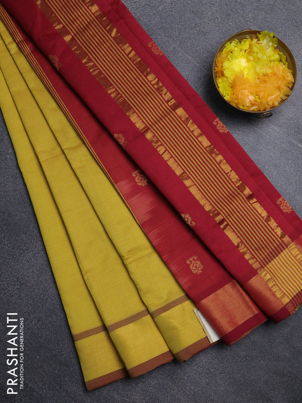 Semi silk cotton saree mustard yellow and maroon with allover zari woven buttas and zari woven border