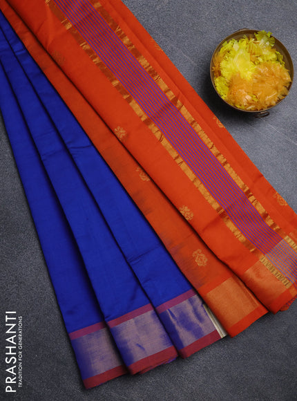 Semi silk cotton saree blue and orange with allover zari woven buttas and zari woven border