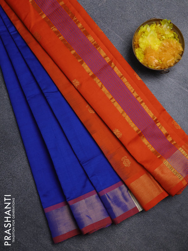 Semi silk cotton saree blue and orange with allover zari woven buttas and zari woven border