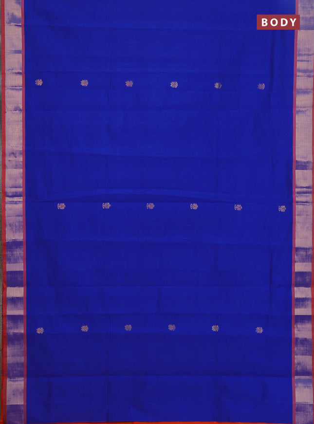 Semi silk cotton saree blue and orange with allover zari woven buttas and zari woven border