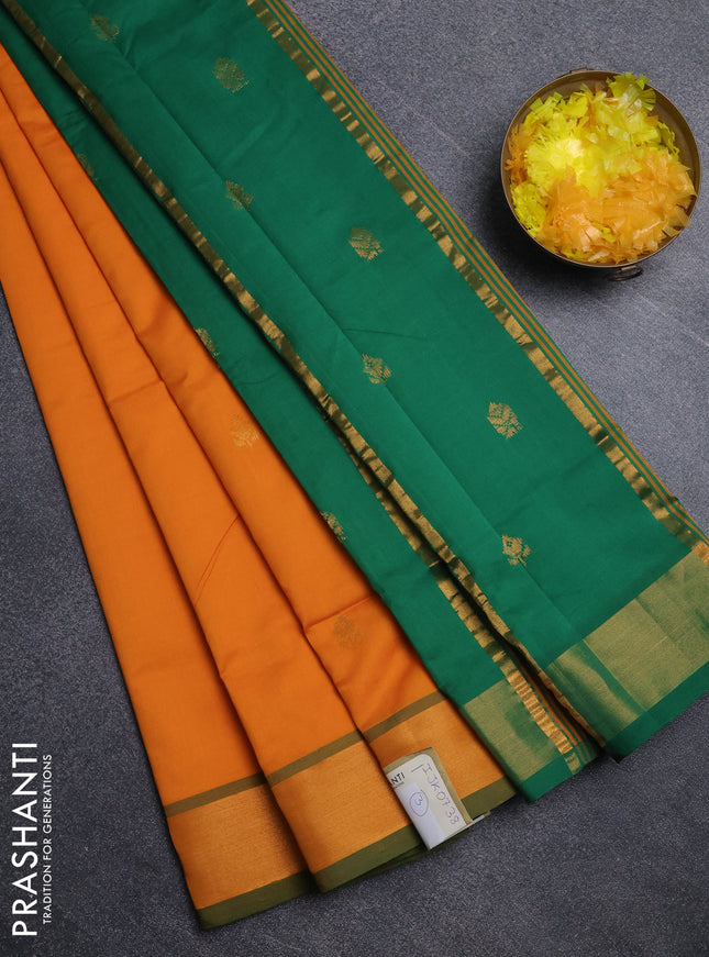 Semi silk cotton saree orange and green with allover zari woven buttas and zari woven border