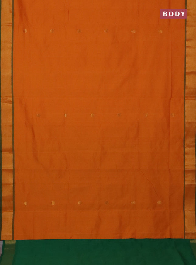 Semi silk cotton saree orange and green with allover zari woven buttas and zari woven border