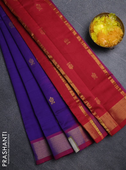 Semi silk cotton saree blue and red with allover zari woven buttas and zari woven border