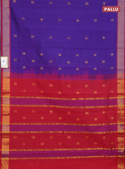 Semi silk cotton saree blue and red with allover zari woven buttas and zari woven border