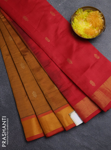 Semi silk cotton saree dark mustard and red with zari woven buttas and zari woven border