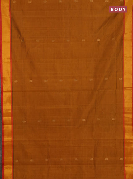 Semi silk cotton saree dark mustard and red with zari woven buttas and zari woven border