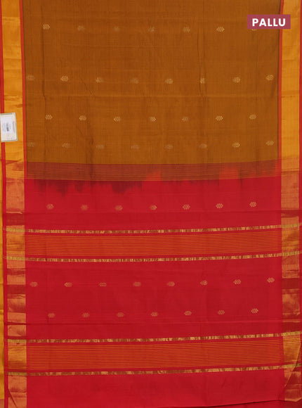 Semi silk cotton saree dark mustard and red with zari woven buttas and zari woven border