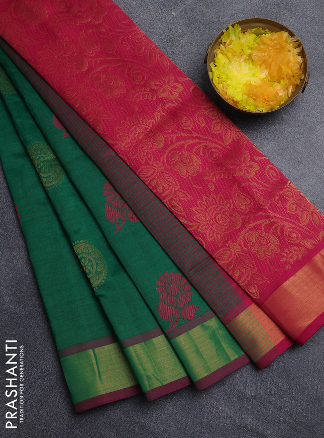 Semi silk cotton saree green and pink with zari woven buttas and zari woven border