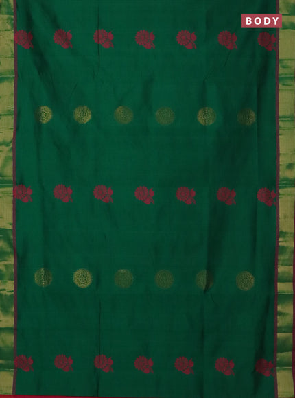 Semi silk cotton saree green and pink with zari woven buttas and zari woven border