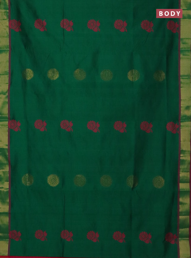 Semi silk cotton saree green and pink with zari woven buttas and zari woven border