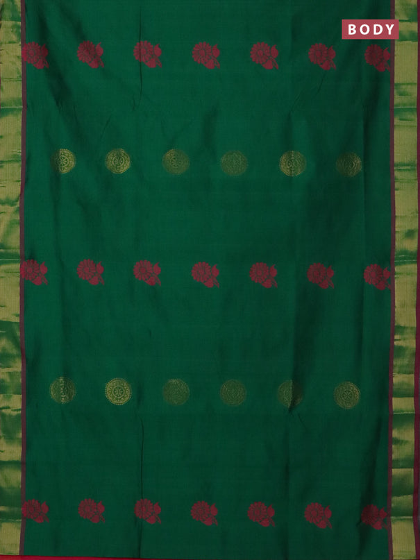Semi silk cotton saree green and pink with zari woven buttas and zari woven border