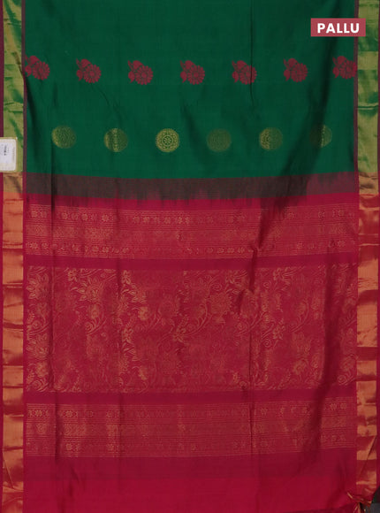 Semi silk cotton saree green and pink with zari woven buttas and zari woven border