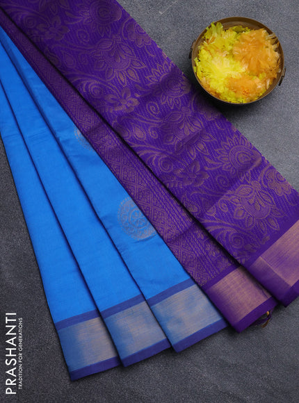 Semi silk cotton saree cs blue and violet with zari woven buttas and zari woven border