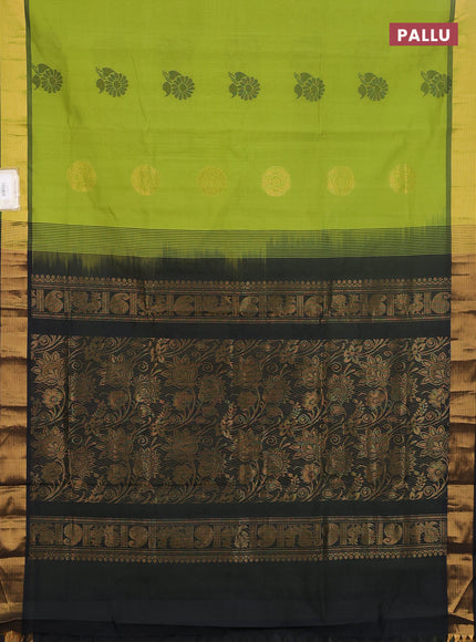 Semi silk cotton saree light green and black with zari woven buttas and zari woven border