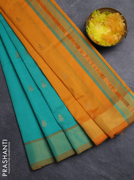 Semi silk cotton saree teal green and mustard yellow with zari woven buttas and zari woven border