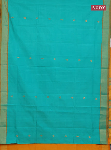 Semi silk cotton saree teal green and mustard yellow with zari woven buttas and zari woven border