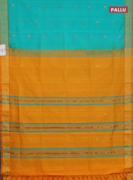 Semi silk cotton saree teal green and mustard yellow with zari woven buttas and zari woven border