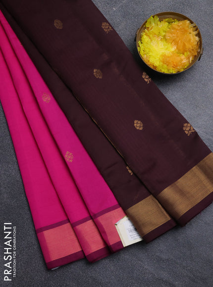 Semi silk cotton saree candy pink and coffee brown with zari woven buttas and zari woven border