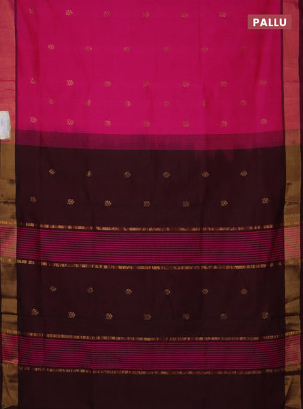 Semi silk cotton saree candy pink and coffee brown with zari woven buttas and zari woven border