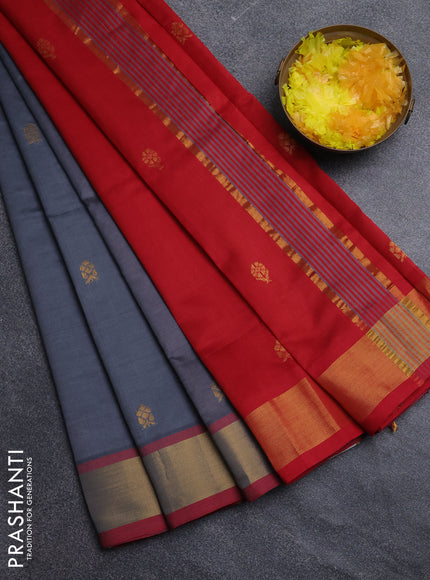 Semi silk cotton saree grey and red with zari woven buttas and zari woven border