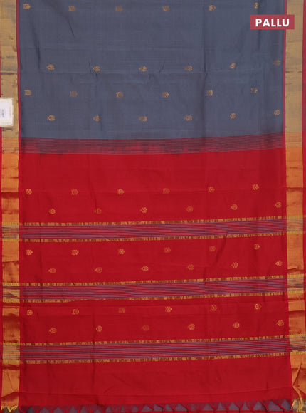 Semi silk cotton saree grey and red with zari woven buttas and zari woven border