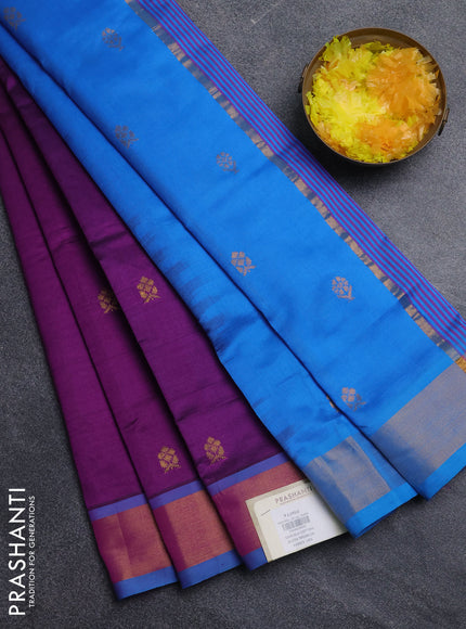 Semi silk cotton saree deep purple and cs blue with zari woven buttas and zari woven border
