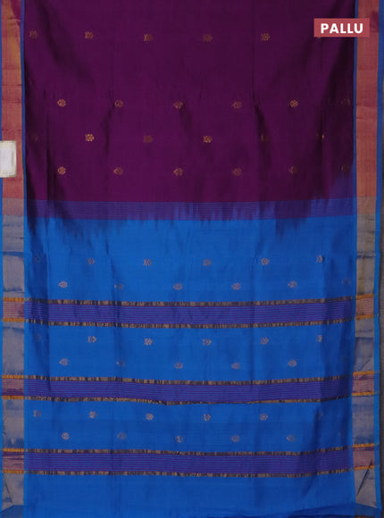 Semi silk cotton saree deep purple and cs blue with zari woven buttas and zari woven border