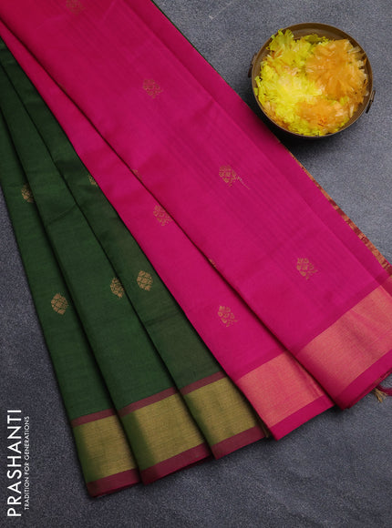 Semi silk cotton saree green and pink with zari woven buttas and zari woven border