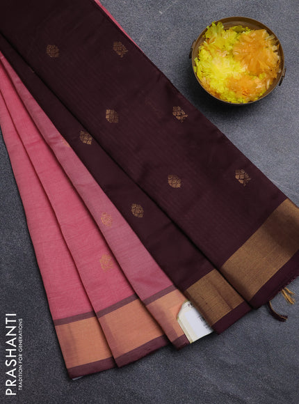 Semi silk cotton saree mild peach pink and coffee brown with zari woven buttas and zari woven border