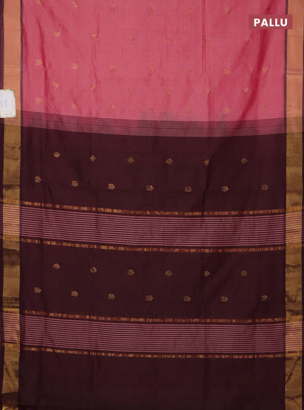 Semi silk cotton saree mild peach pink and coffee brown with zari woven buttas and zari woven border